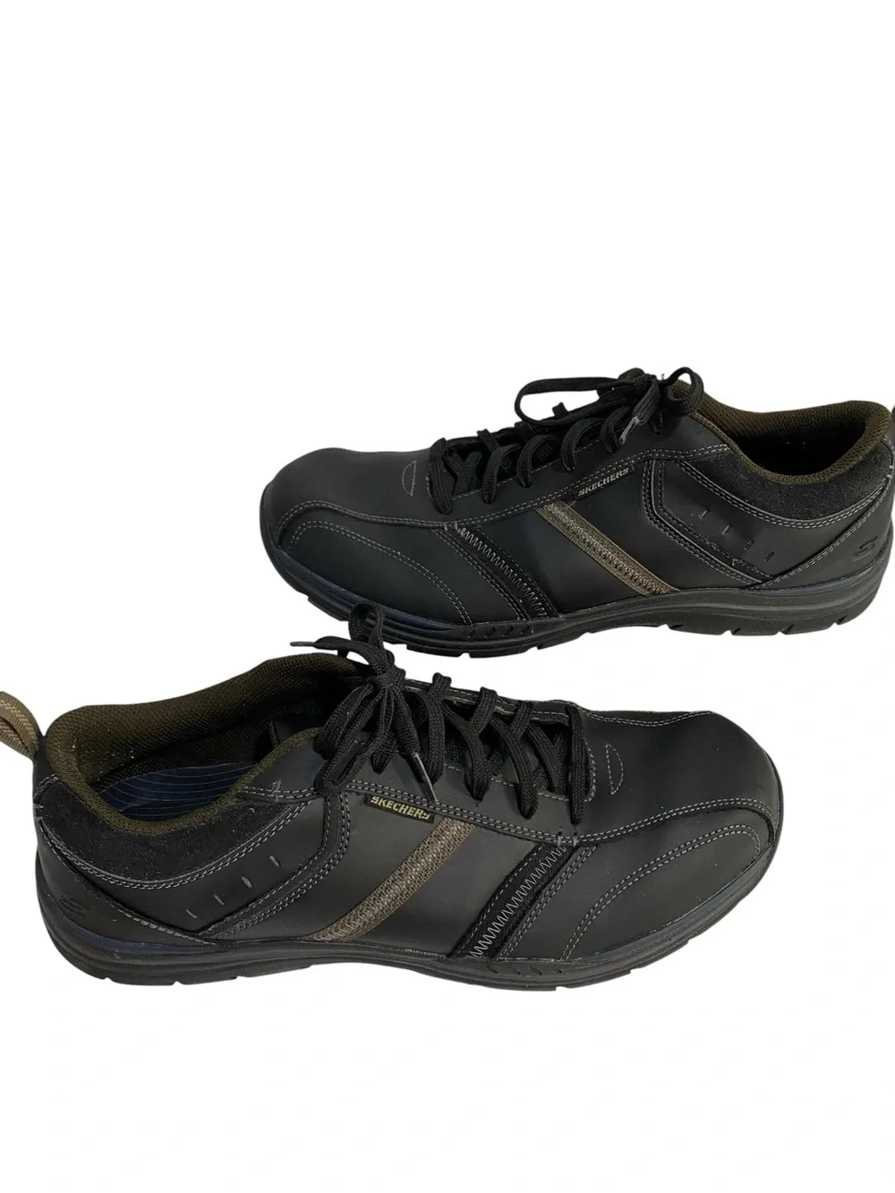Skechers Men's Black Sneakers Leather Brown Accent Stripe Memory Foam Size 13